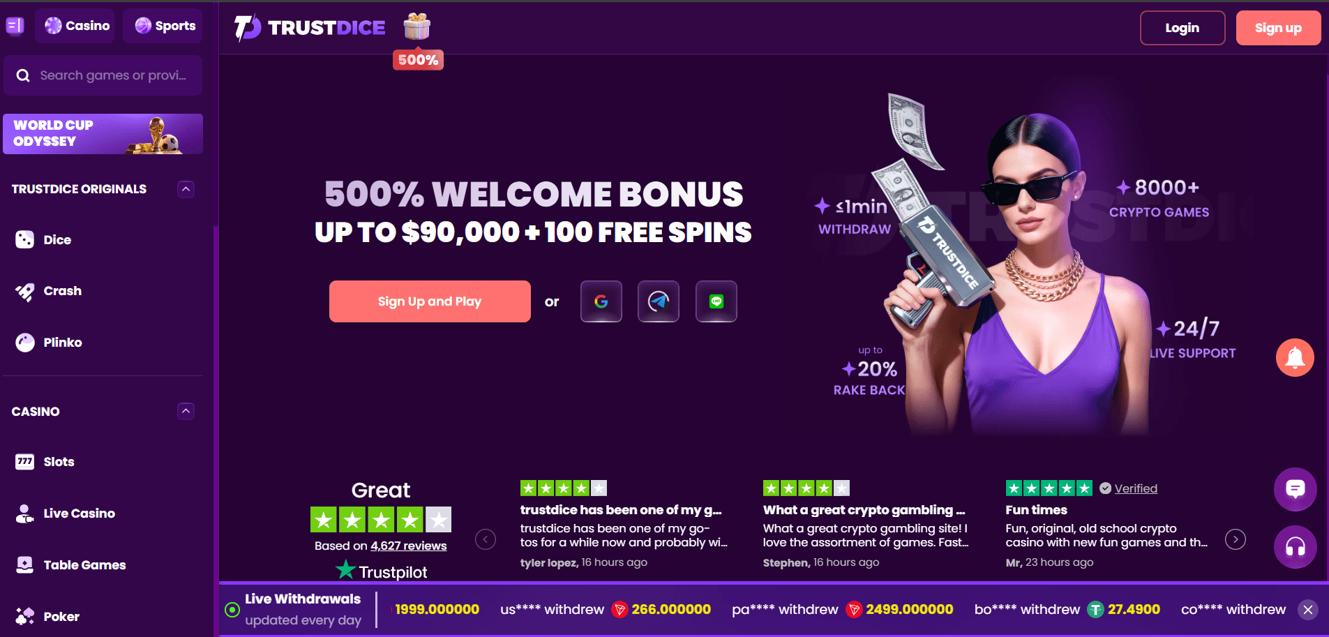 TrustDice blockchain casino homepage with crypto gaming and welcome bonus
