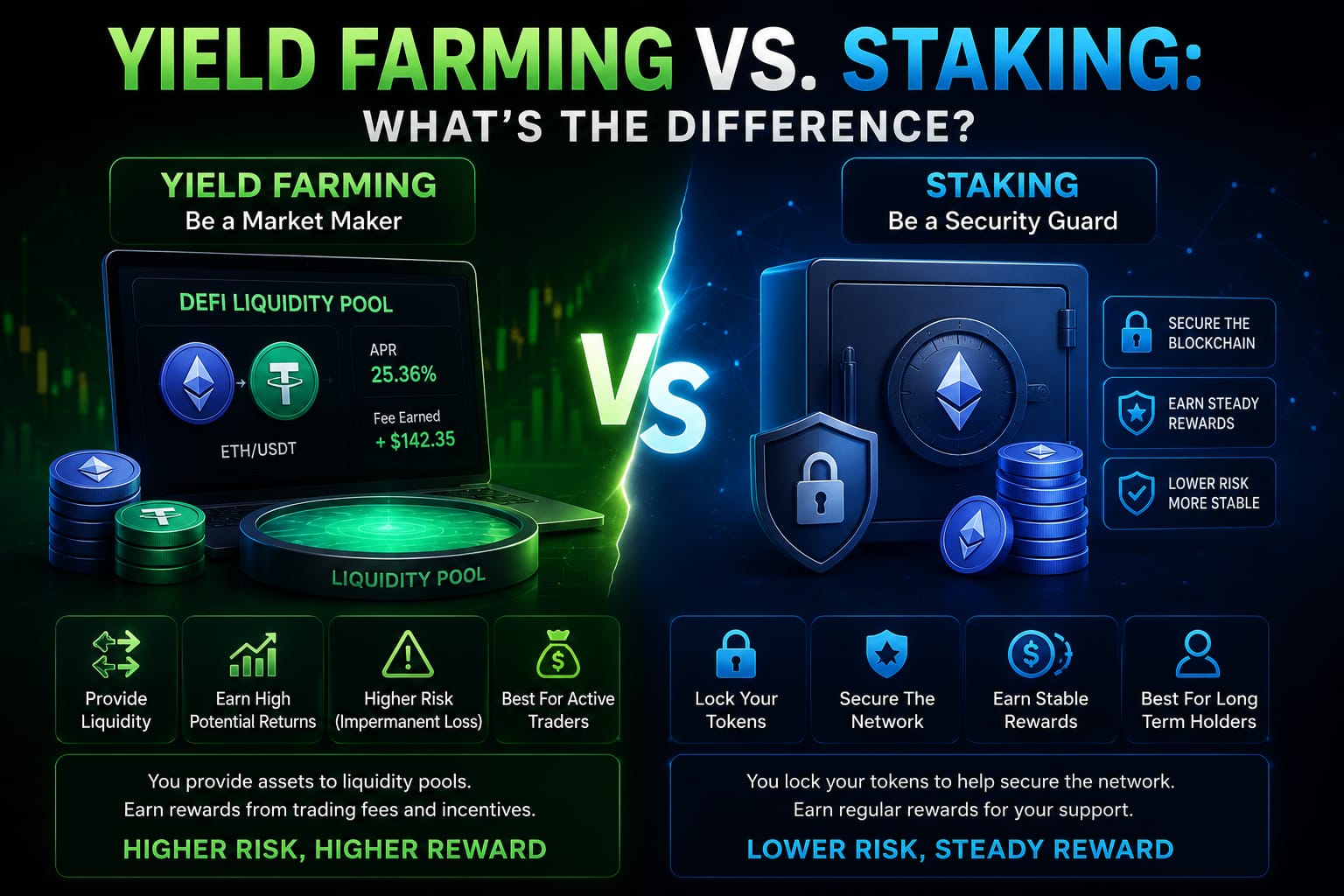 Comparision of yield farming and crypto staking