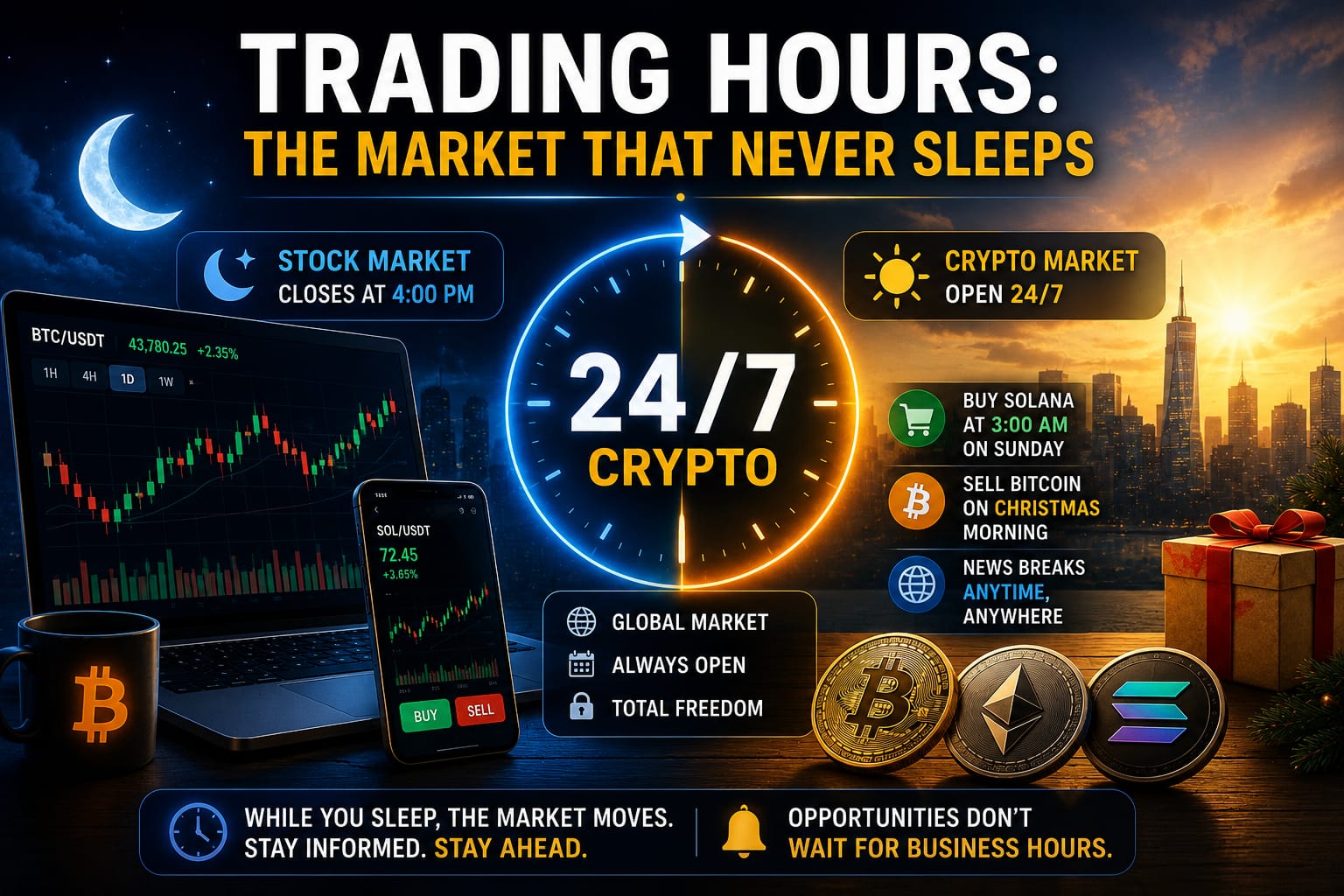 Cryptocurrency market trading 24/7 compared with stcok market hours