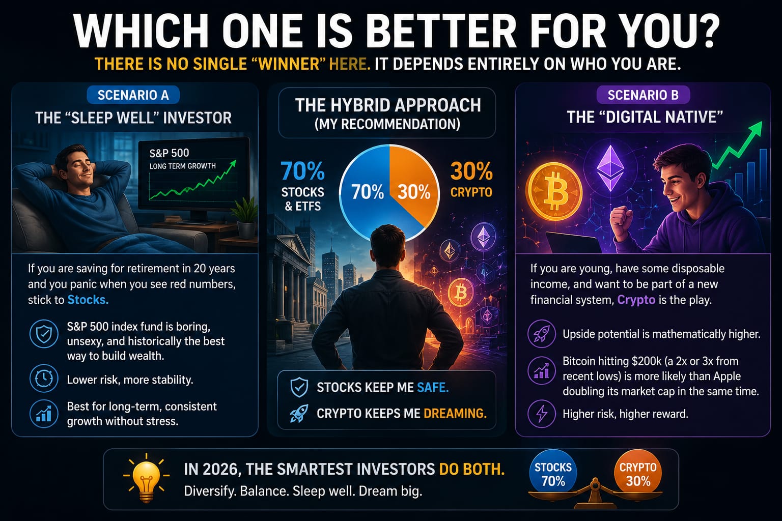 Comparision of crypto, stocks, and hybrid investment strategy for beginners
