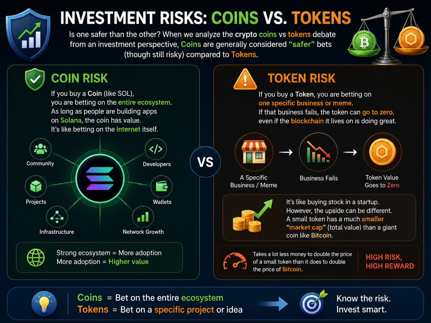 Infographic comparing investment risks of crypto coins and toekns